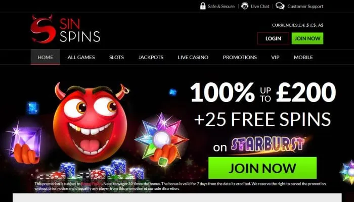 Sin Spins Casino Review Header