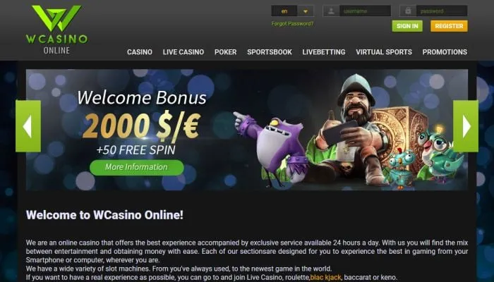Wcasino Online Review Header